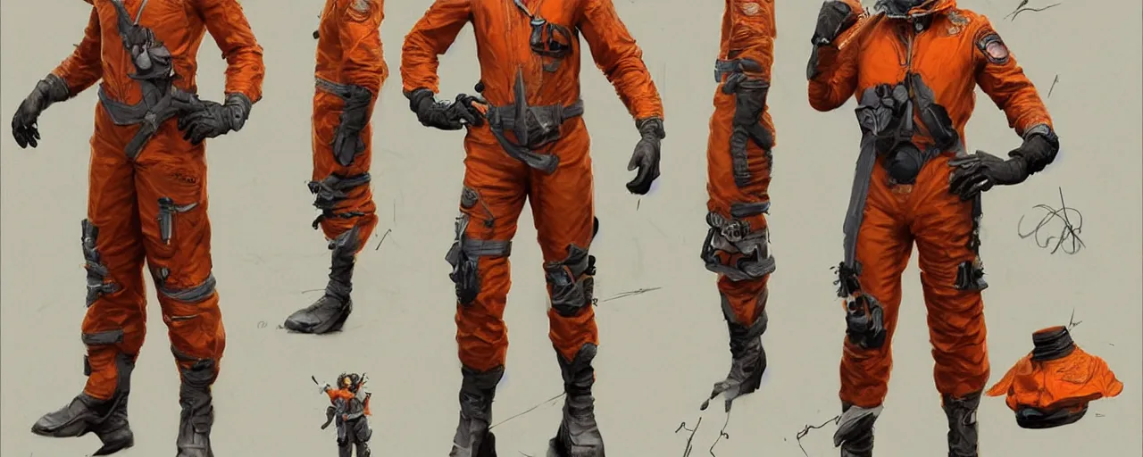 Image similar to character design, reference sheet, gaunt, 70's jetfighter pilot, unshaven, optimistic, dirty orange flight suit, concept art, photorealistic, hyperdetailed, 3d rendering! , art by Leyendecker! and thomas moran,