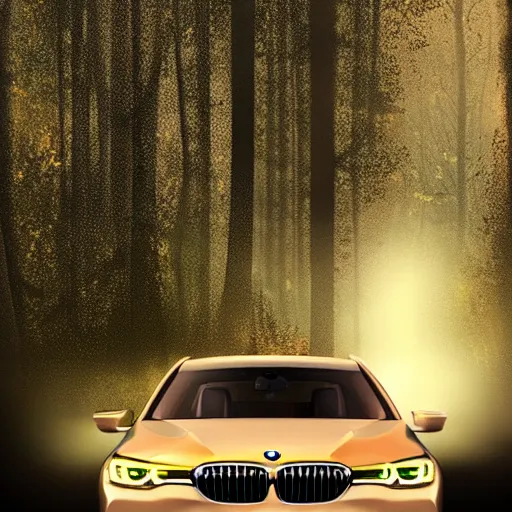 Image similar to a [ bmw 7 series driving on an empty highway ] at night, [ fireworks in the sky ], and a [ wooded forest ] in the background, trending on artstation, [ digital art ]!!