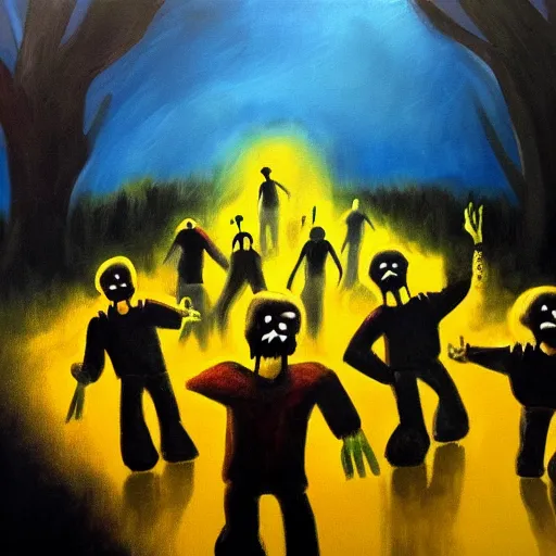 Image similar to painting of zombies walking in a yellow sky