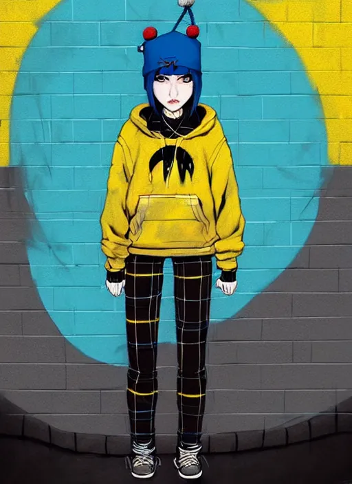 Image similar to highly detailed portrait of a sewer punk lady student, blue eyes, tartan hoody, hat, white hair by atey ghailan, by greg tocchini, by jesper ejsing, gradient yellow, black, brown and cyan color scheme, grunge aesthetic!!! ( ( graffiti tag wall ) )