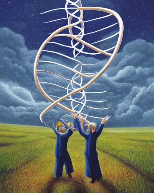 Image similar to in a field, two scientists in lab coats encounter a monster shaped like the DNA double helix, stormy weather, by Rob Gonsalves