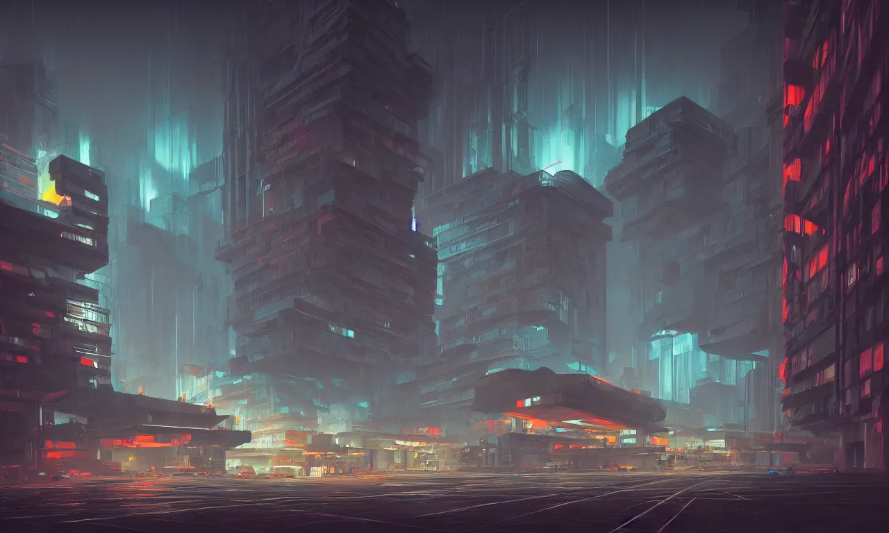 Image similar to brutalist architecture, colorful neon lighting, raphael lacoste, eddie mendoza, alex ross, concept art, matte painting, highly detailed, rule of thirds, dynamic lighting, cinematic, detailed, denoised, centered