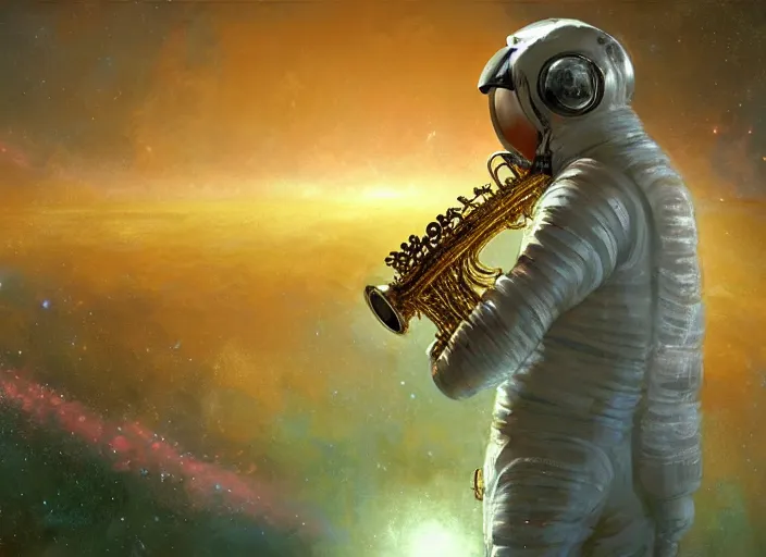 Image similar to craig mullins and ghibli digital illustration of an astronaut in the middle of the cosmos playing the saxophone, full body, strong contrast, earth, galaxies, ethereal, inviting, bright, raking light from constellations, unreal engine, hyper realism, realistic shading, cinematic composition, realistic render, octane render, detailed textures, photorealistic, wide shot