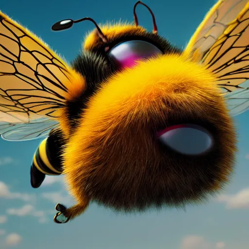 Image similar to large cute bee flying to crimson - black cute bee university, photorealistic, octane render, rtx, hdr, unreal engine, digital art widescreen 8 k, studio ghibli, disney, wlop