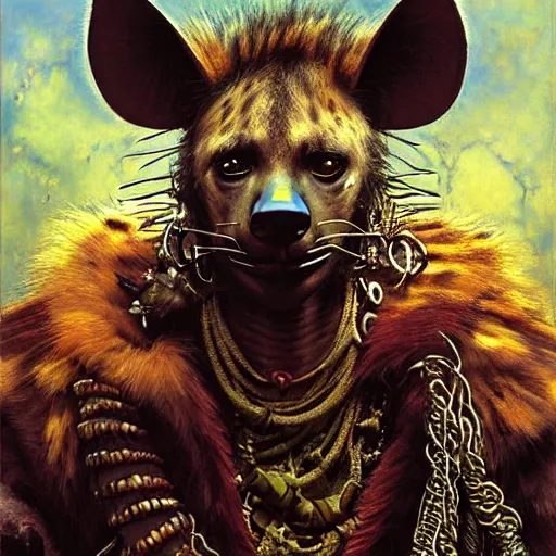 Image similar to portrait of a hyena gnoll shaman wizard. shadowrun furaffiniy cyberpunk fantasy highly detailed painting by gaston bussiere craig mullins jc leyendecker gustav klimt artgerm greg rutkowski john berkey, bergey, craig mullins, ruan jia, raymond swanland, jeremy mann, tom lovell, alex malveda