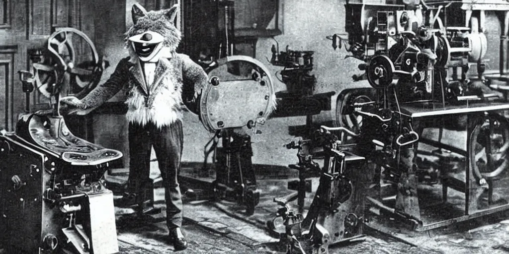 Prompt: anthropomorphic furry wolf controlling an obscure machine that has been lost to time, 1900s photograph