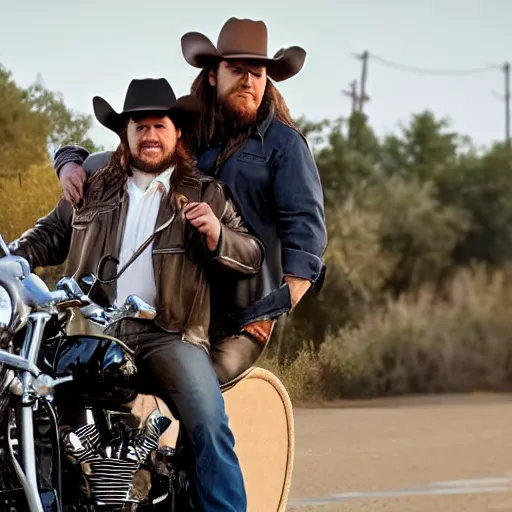 Image similar to a cute little, creature, on the shoulders of a tall, stocky man with long hair and a long trench coat and cowboy hat, next to a motorcycle