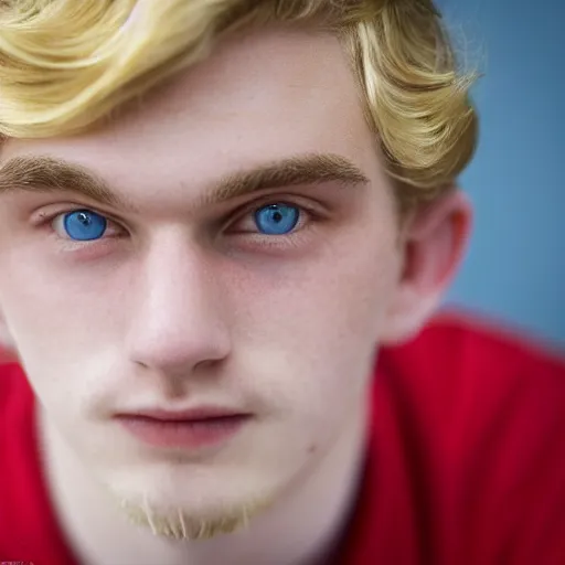 Image similar to close up of 1 8 year old man with wavy / curly light blonde hair, blue eyes, pale complexion, wearing 1 9 5 0 s clothing, 8 5 mm f / 1. 4