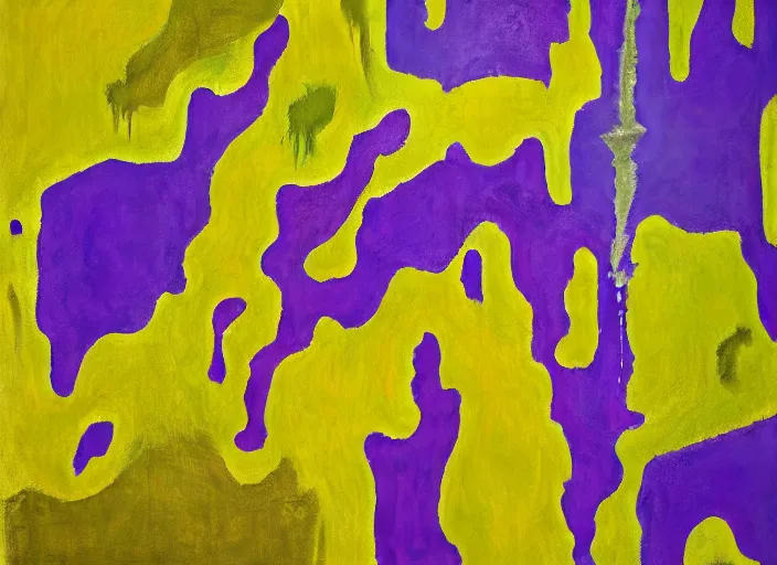 Prompt: minimalistic abstract painting in shape of waterfall, in purple, yellow, dark green, beige, by hernan bas and pat steir and hilma af klint, psychological, photorealistic, dripping paint, washy brush, oil on canvas, matte painting, rendered in octane, altermodern, masterpiece