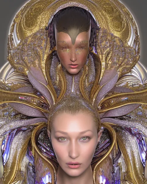 Image similar to a highly detailed metahuman 4 k close up render of an alien goddess bella hadid monument saint in iris van herpen dress schiaparelli in diamonds crystals swarovski and jewelry iridescent in style of alphonse mucha gustav klimt trending on artstation made in unreal engine 4