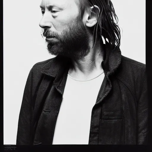 Prompt: Thom Yorke, Thom Yorke, with a beard and a black jacket, a portrait by John E. Berninger, dribble, neo-expressionism, uhd image, studio portrait, 1990s