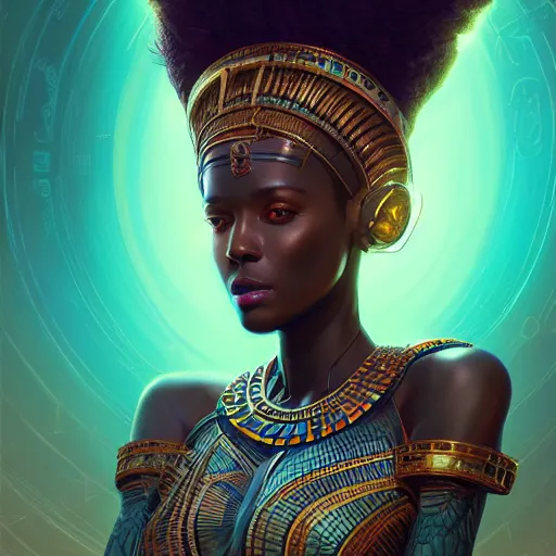 Image similar to highly detailed portrait of an african neon egyptian goddess, intricate alien technology, stephen bliss, unreal engine, fantasy art by greg rutkowski, loish, rhads, ferdinand knab, makoto shinkai and lois van baarle, ilya kuvshinov, rossdraws, tom bagshaw, global illumination, radiant light, detailed and intricate environment