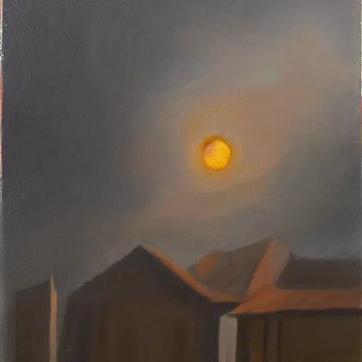 Image similar to man waking up to realize that the world is over and all that is left is ashes all around him. the reddish orange sun creates a gray haze that illuminates all the fallen buildings oil painting 1 5 0 mpx