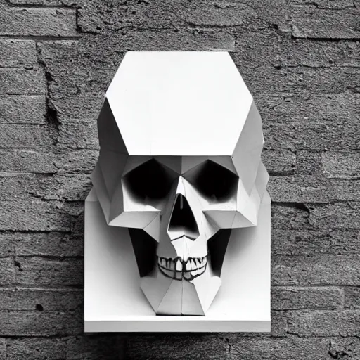 Prompt: a skull cubist sculpture black and white hard light