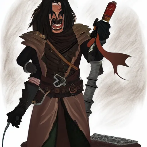 Image similar to DND concept character tan mercenary rogue, with long black hair, leather armor, possessed by a demon, holding a bottle of whisky