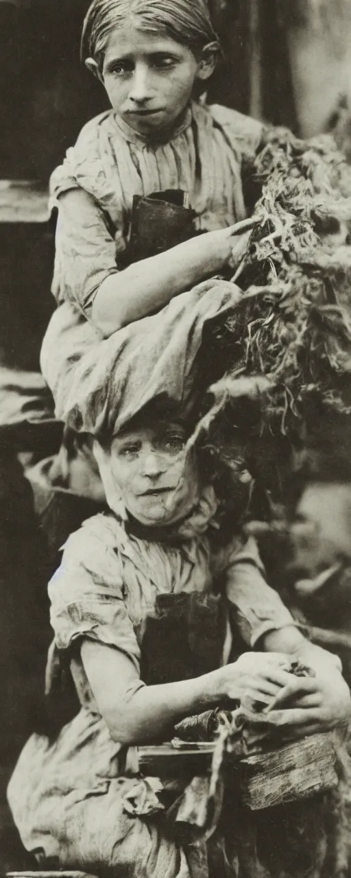 Image similar to famous photography Lewis Hine’s famous image Cotton Mill Girl, 1908