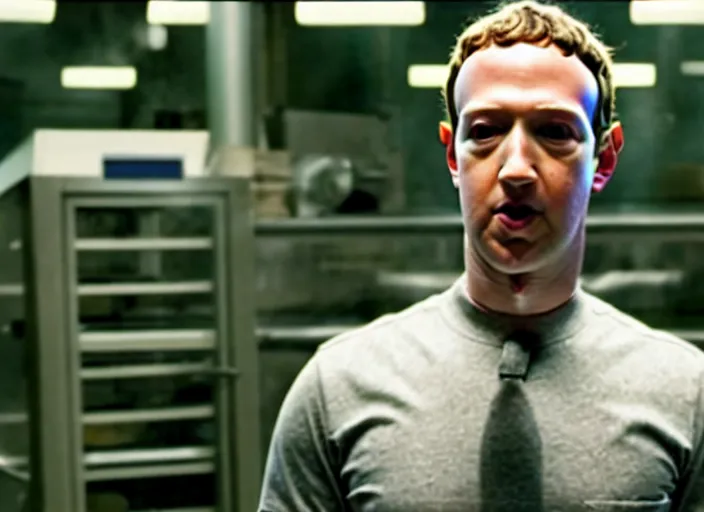 Image similar to film still of mark zuckerberg as agent smith working in a bakery in the new matrix movie, 4 k