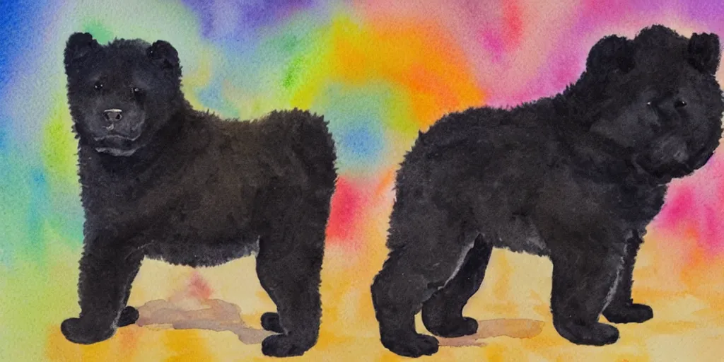 Prompt: a watercolor painting of an off - black chow chow puppy standing on a glowing rainbow bridge