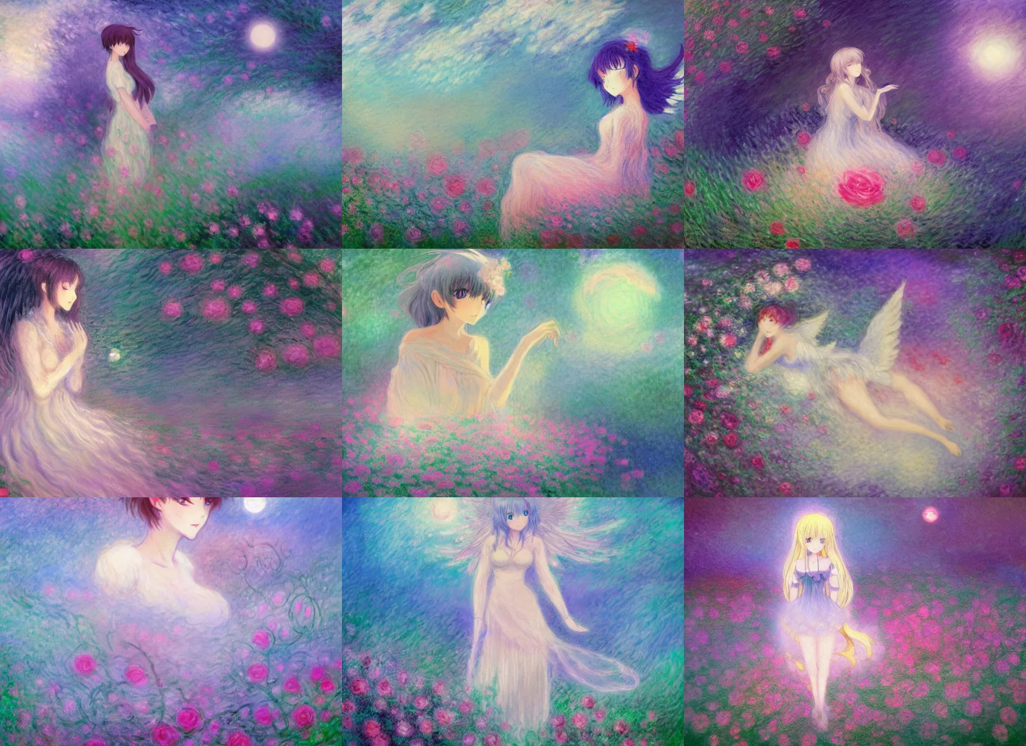 Prompt: retro anime girl, glowing angelic being, crescent moon with swirling clouds, foggy, thorns brambles roses, impressionist painting, claude monet, pale pastel colours, dreamy hazy