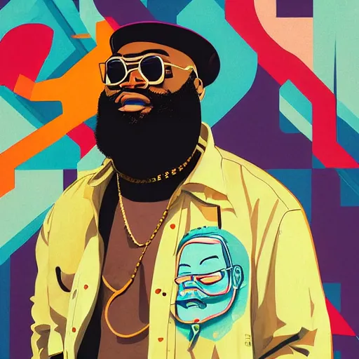 Prompt: Painting of Rick Ross by Sachin Teng :4 , asymmetrical, Matte Painting , smoke, geometric shapes, marijuana, hard edges, energetic, graffiti, street art:2 Masterpiece, high detail, by Sachin Teng:4