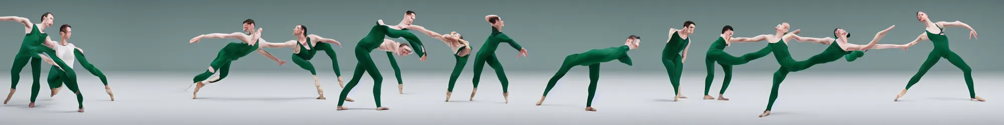 Prompt: ensemble of sisyphus in green-screen suits pushing a boulder through an empty space, white background, ballet performance photography