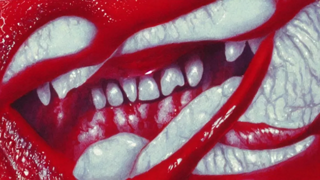 Image similar to realistic and detailed soft airbrush of a glossy shiny wet scarlet red screaming mouth on white background, inspired by 8 0 s airbrush illustrations, art by yosuke onishi