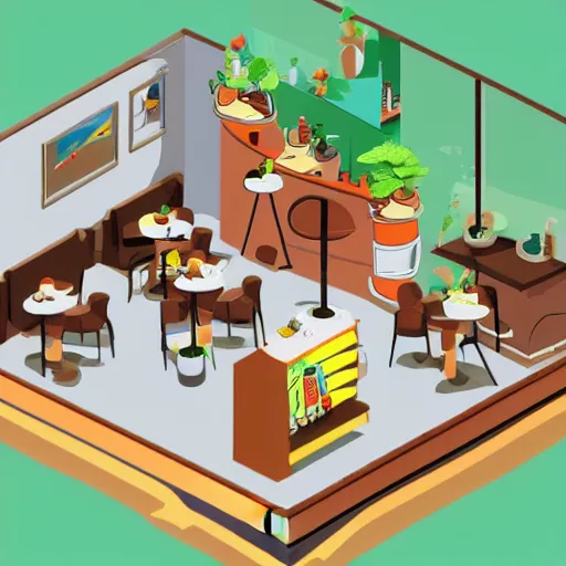 Image similar to cannabis coffee and cake cafe isometric fun 3 d cartoon, beautiful composition structure