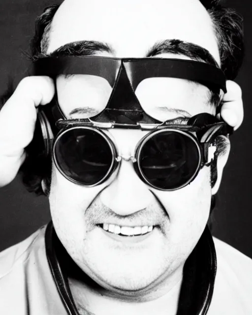 Image similar to headshot of a crazed john belushi wearing a leather bomber cap with aviator goggles, he is also wearing an a 2 flight jacket, a long white wool scarf is wrapped around his neck, he has a 5 o'clock shadow