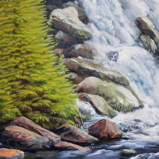 Image similar to oil painting, bear stretching out its arm to catch a salmon alongside a river in Alaska, high detail