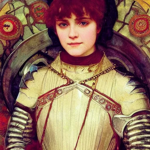 Image similar to annasophia robb in medieval armour, bowl haircut, mucha, bouguereau