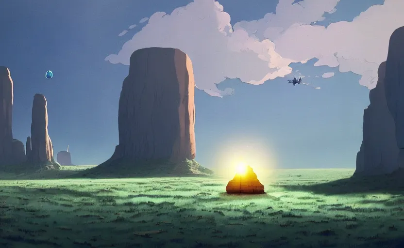 Image similar to a scary hyperrealist painting of a stone spaceship and a giant transparent bubble from howl's moving castle ( 2 0 0 4 ) in a flooded monument valley stonehenge jungle. depth perception, 4 k, artstation, in the style of studio ghibli
