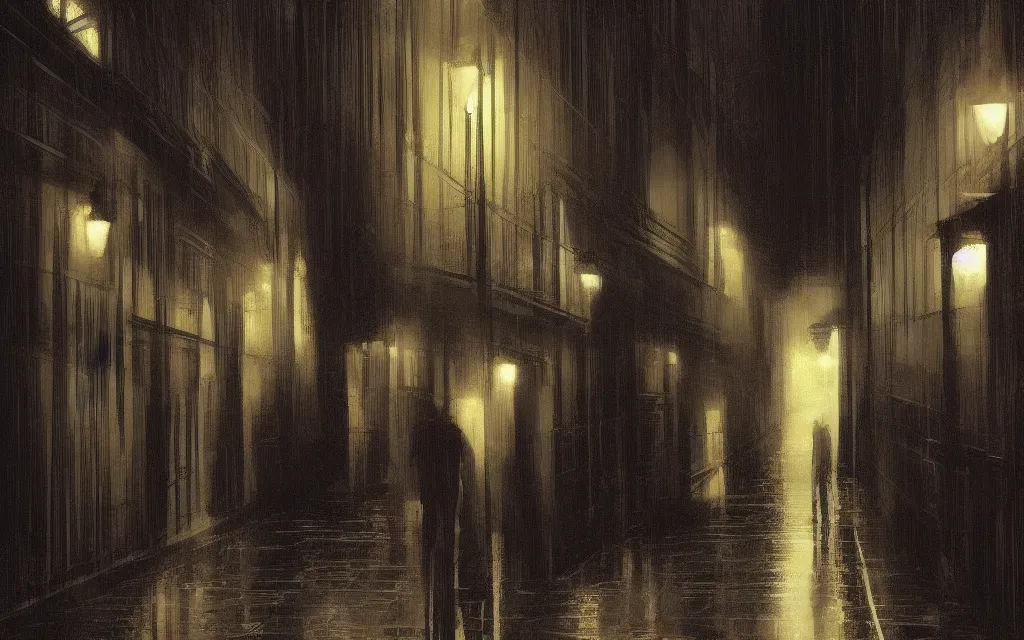 Image similar to concept art, dark wet london alley at night, by ashley wood, by roger deakins, in the style of syd mead atmospheric