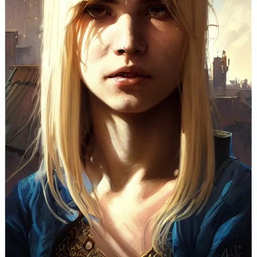 Image similar to portrait of a young thief in the slums of a fantasy city, dirty blonde hair, d & d, fantasy, joyful smirk, intricate, elegant, highly detailed, digital painting, artstation, concept art, matte, sharp focus, illustration, art by artgerm and greg rutkowski and alphonse mucha