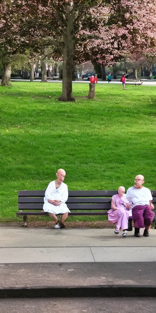 Image similar to In the park, bald old people in hospital gowns and bald children sitting on benches .