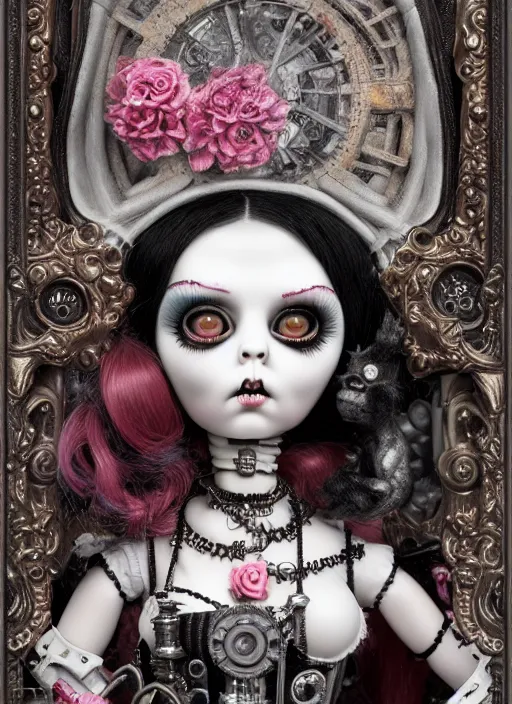 Prompt: highly detailed wide - angle portrait of a retro mechanical goth doll, nicoletta ceccoli, mark ryden, lostfish, earl nore, hyung tae, frank frazetta, global illumination, detailed and intricate environment