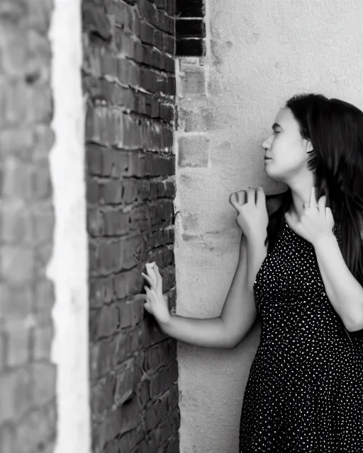 Prompt: black and white photo, two teenage girls stand against a wall, staring lovingly into each other's eyes, about to kiss, cdx