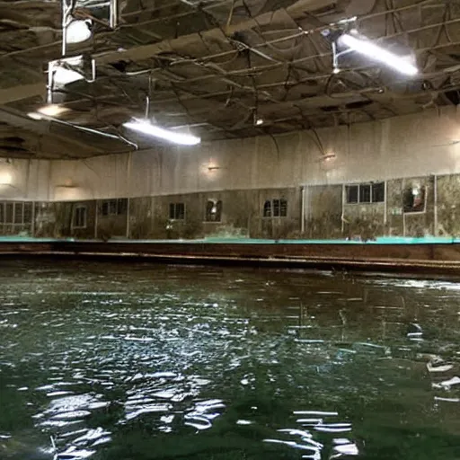 Prompt: an indoors waterpark. creepy, flooded, empty, dark abandoned.