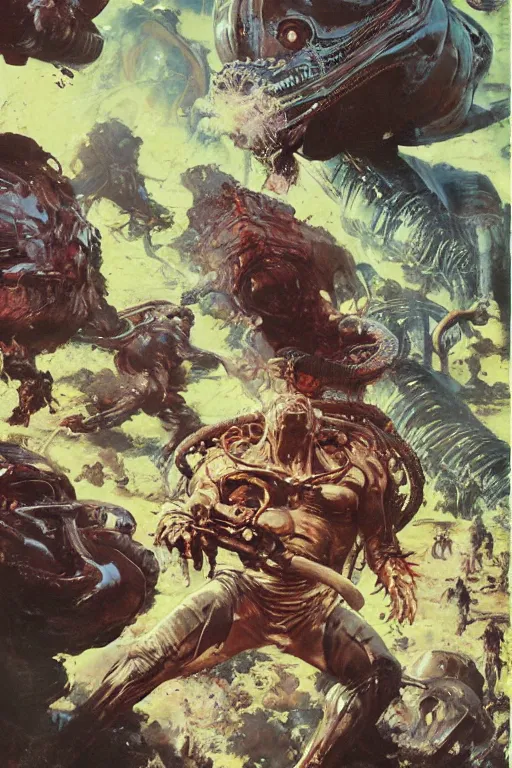 Image similar to huge slimy huge pig attacks, dynamic action on alien planet, by norman rockwell, jack kirby, jon berkey, earle bergey, craig mullins, ruan jia, jeremy mann, tom lovell, marvel, astounding stories, 5 0 s pulp illustration, scifi, fantasy