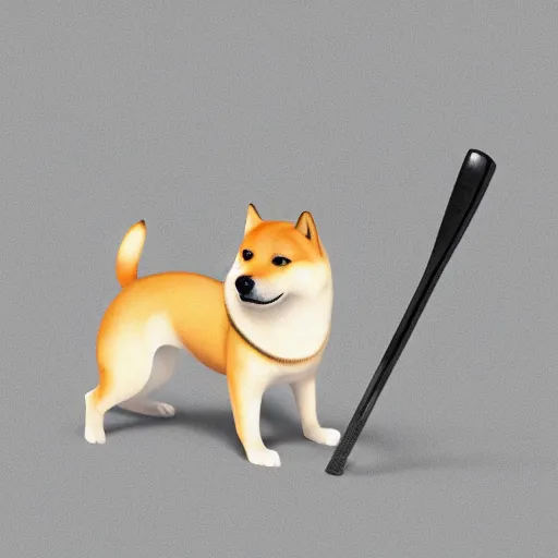 Image similar to shiba inu holding a baseball bat with his two hand trying to hit a spot, cinematic lightning, 4 k, ultra detailed, trending on artstation, masterpiece, digital art.