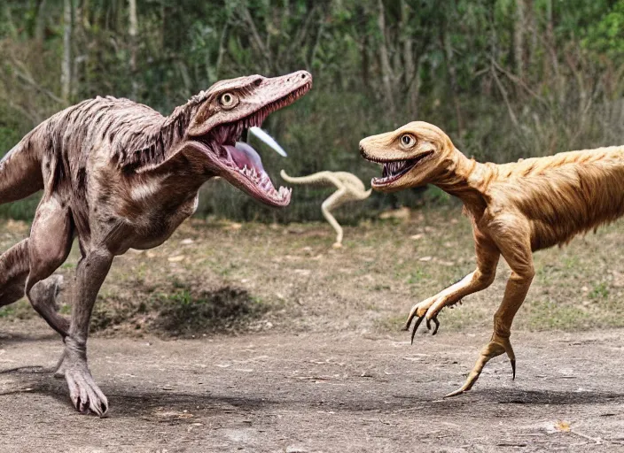 Prompt: photo of a dog and a velociraptor playing together