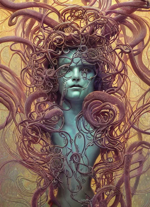 Prompt: medusa made of translucent glass, wooden art nouveau swirls, strong subsurface scattering, cables, tubes, subsurface scattering, wax elements, in the style of james jean and tomasz alen kopera and beeple, mystical colors, rim light, soft lighting, 8 k, stunning scene, raytracing, octane render, trending on artstation