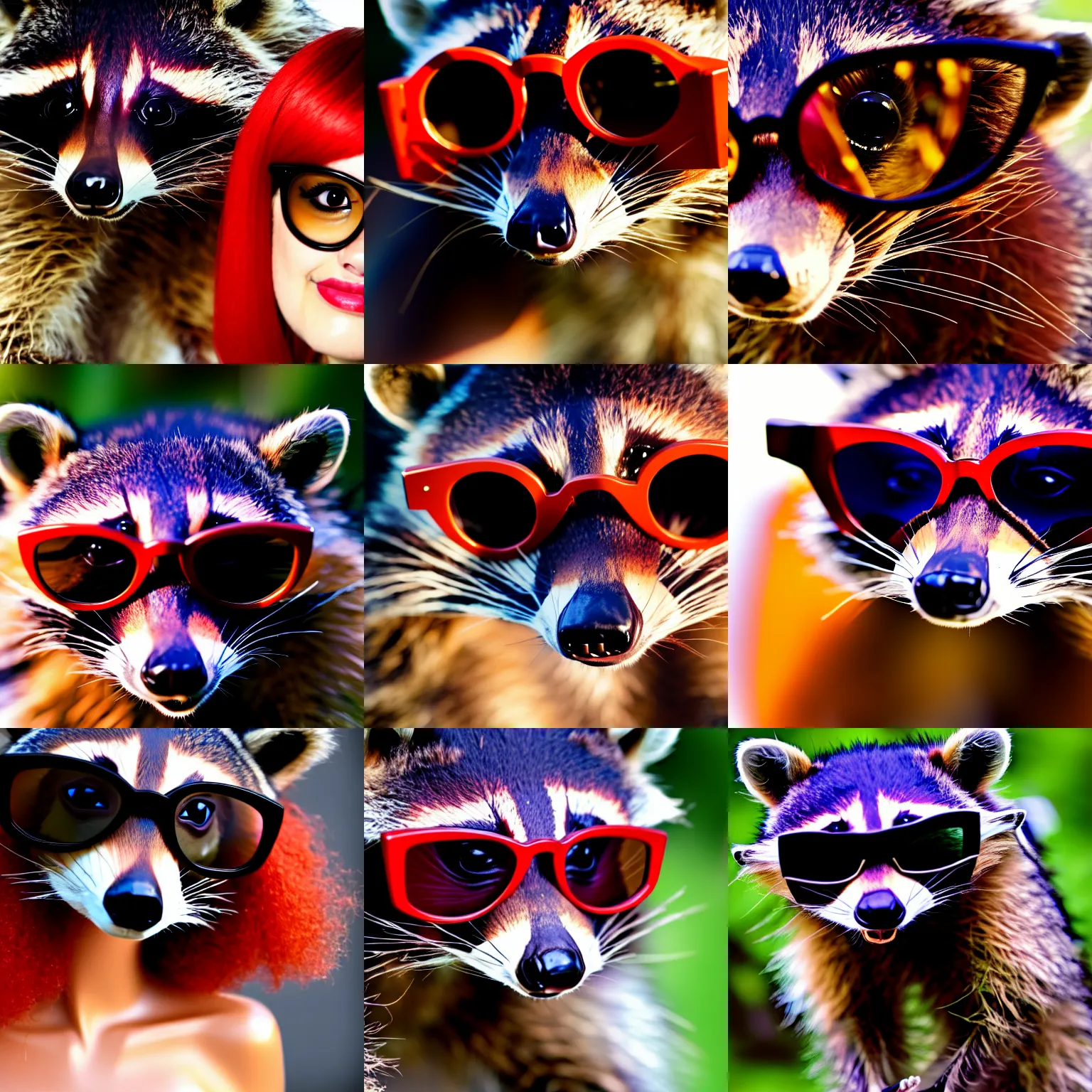 Prompt: raccoon raccoon wearing red wig and tortoise shell glasses, photo, detailed, 4 k