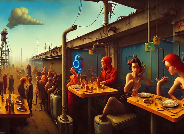 Prompt: waiting in line for crude oil by simon stalenhag and gil elvgren and tom bagshaw and marc simonetti and jan miense molenaer and arthur adams, surrealism, slums, diner scene, highly detailed, hyperrealism