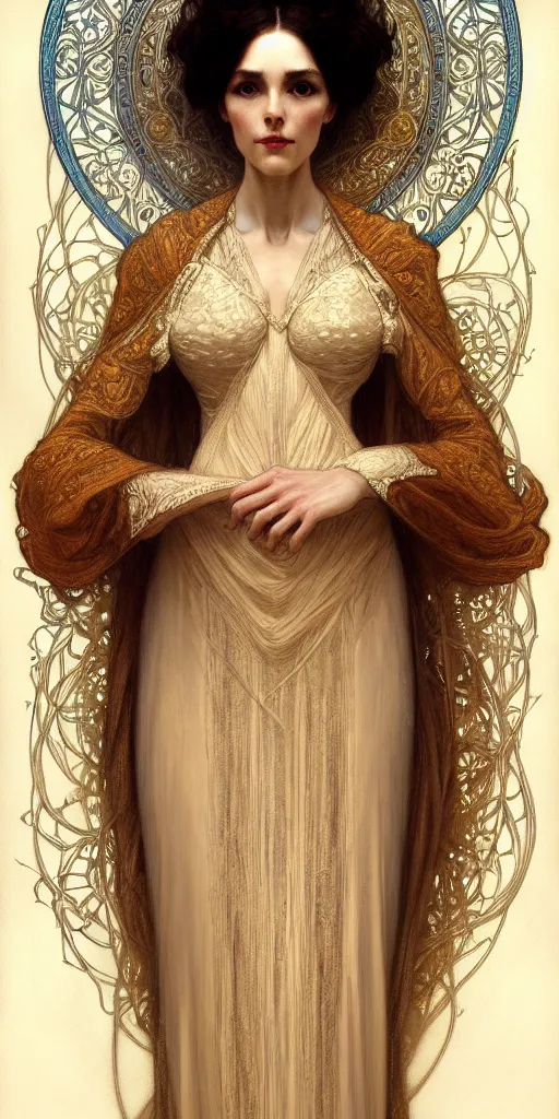 Image similar to character portrait of a modest woman, tall, feminine, powerful, modestly clothed, voluminous, intricate, elegant, highly detailed, digital painting, artstation, smooth, symmetrical, sharp focus, illustration, art by gaston bussiere and alphone mucha