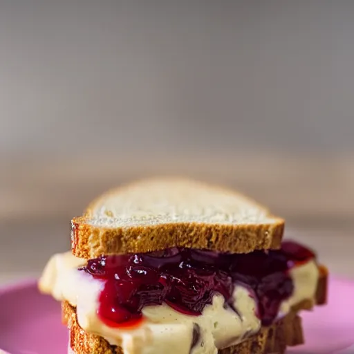 Prompt: a baby chick standing on top of a peanut butter and jelly sandwich on a plate, close up, dslr photo