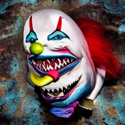 Image similar to photo of a hybrid between a shark and a clown