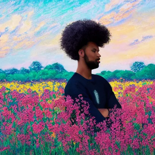 Prompt: a lightskin black man with short hair in a vast field of flowers, using a macbook laptop, wide shot, golden hour, vintage, impressionist painting, fine art, oil painting, dreamy, pastel, happy, intricate details, sharp, peaceful, serene