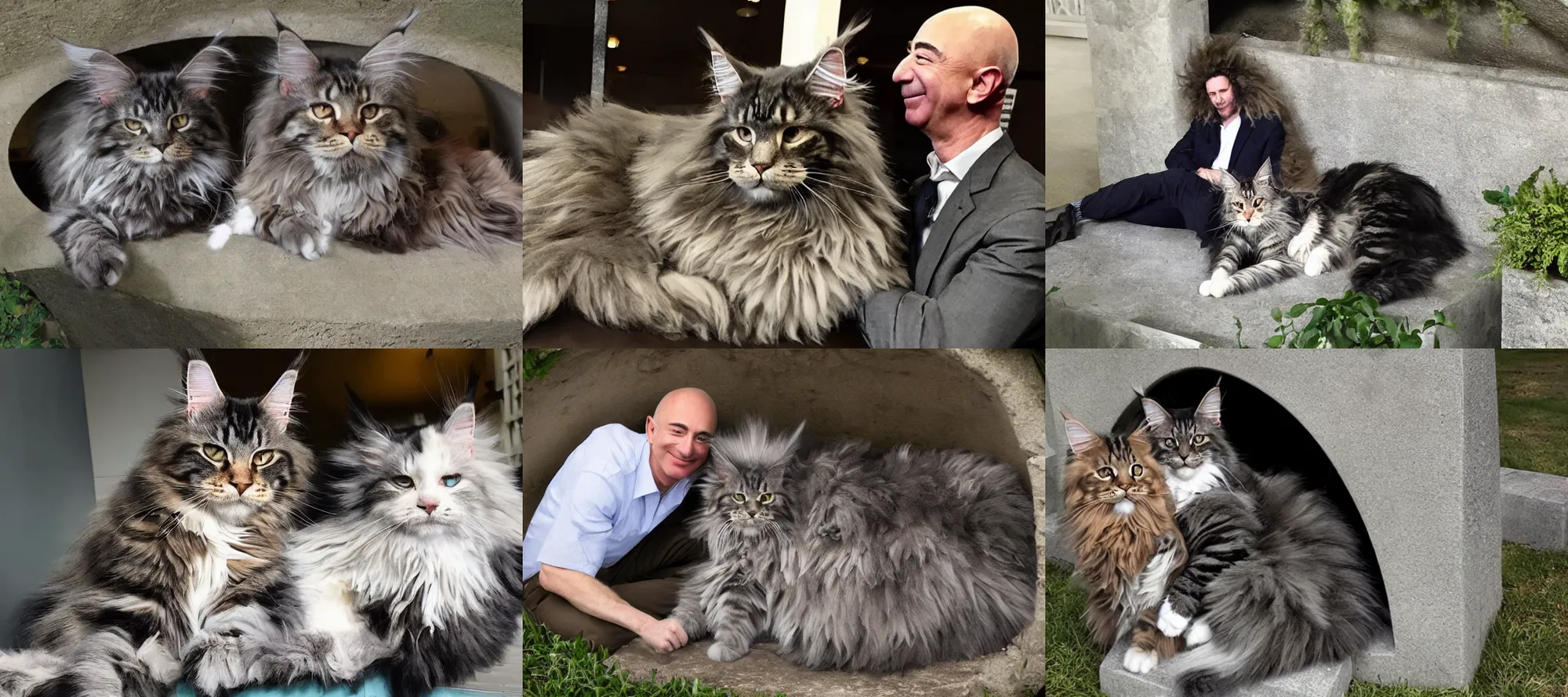 Prompt: maine coon cat cuddling in a crypt grave with the necromancer jeff bezos