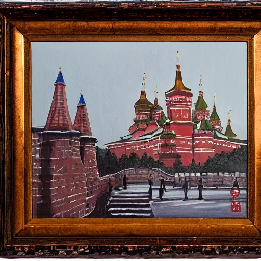 Image similar to chinese - style kremlin and chinese st. basil's cathedral on wide stone square at sawn, portrait of mao on the kremlin, gentle dawn, realistic painting