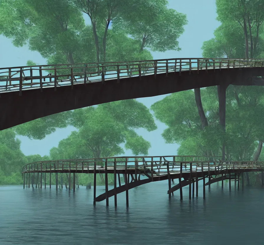 Image similar to long wood bridge to island, unreal engine, digital, acrilic paint